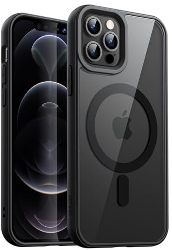 JETech Magnetische Hülle für iPhone 12/12 Pro, Schwarz | Kompatibel mit MagSafe, Einfarbig Matte TPU Rahmen, Transparente Rückseite, Stoßschutzrahmen