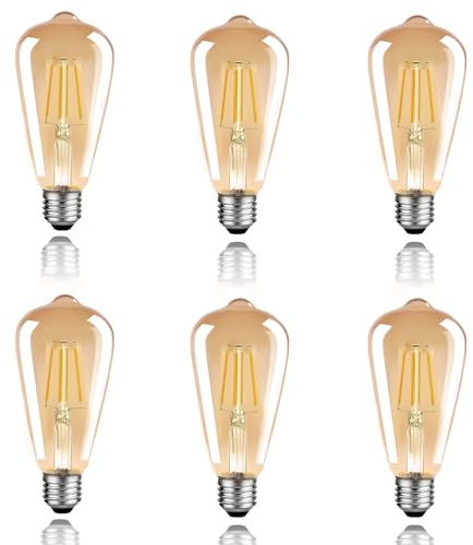 Wenscha ST64 Vintage glühbirne E27 LED warmweiss 6er-Set – 6W 2600K leuchtmittel mit Teilton-Glas & Nickelfassung, Retro-Filamentoptik im Edison-Style für Kronleuchter, Restaurants und Industriedeko
