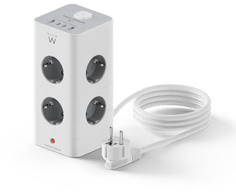 Ewent Multipresa Verticale a Torre 12-in-1 (3680W/16A); Presa Multipla con 8 Schuko,2 USB-C e 2 USB-A;Con Iinterruttore Luminoso; Protezione Sovratensione;Cavo 2m; Per Elettrodomestici,Casa,Ufficio