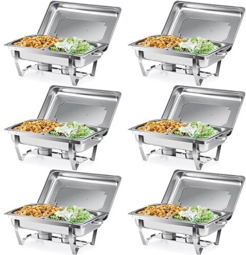 Wilprep Juego de 6 Calentadores de Comida para Buffet, Acero Inoxidable 9L, con 2 Bandejas de Calefacción, Chafing Dish para Catering, Eventos y Fiestas (6PCS 12XGN1/2)
