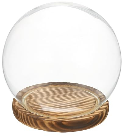 sourcing map Round Cloche Glass Dome, 5.9 x 4.7 Decorative Glass Display Bell Jar Dome Cloche with Brown Base for DIY Flower Craft, Collectibles Specimens Plants Dustproof