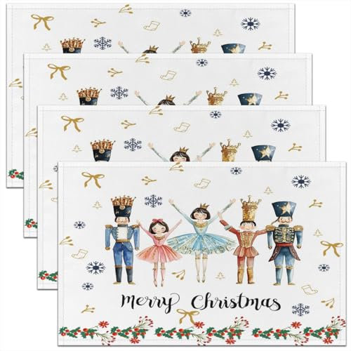 Homemissing Christmas Nutcracker Placemat for Kitchen Dining Table Decor Indoor Outdoor 45X30cm Xmas Cartoon Nutcracker Placemats Set of 4 Ballet Table Place Mats, Soldier Prince Fairy