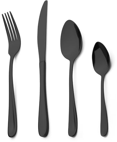 Ensemble de couverts Alata Grand 24 pièces en acier inoxydable poli miroir noir - Couverts pour 6 personnes, comprenant couteaux, fourchettes et cuillères, passe au lave-vaisselle/Utilisation