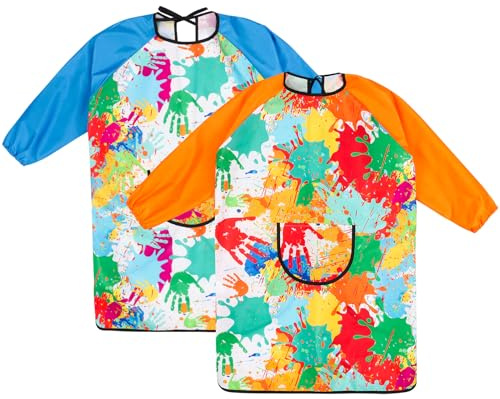 Camptrip 2 Stück Malschürze Kinder Malerkittel für 3-6 9-12 Jahre Jungen Mädchen, Bastelschürze mit Tasche, Wasserdicht & Atmungsaktiv für Schule, Kunst, Malerei, Basteln (Blau + Orange, 3-6 Jahre)