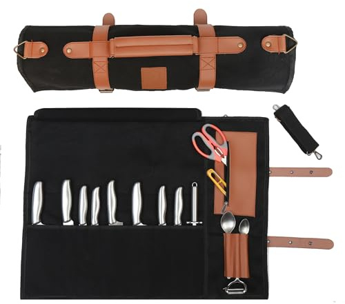 Pargana Chef Knife Roll Bag 9 Knife Slots - Durable Water-Resistant Canvas Knife Carrying Case Adjustable Leather Shoulder Strap & Handle - Fits 12” Knives & Honing Steel -Culinary Travel-Friendly