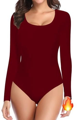 SHAPERIN Body Manga Larga Mujer Bodysuit Top Térmico Cuello Redondo Jersey Abrigado Camiseta de Otoño Invierno, Rojo Vino, XL