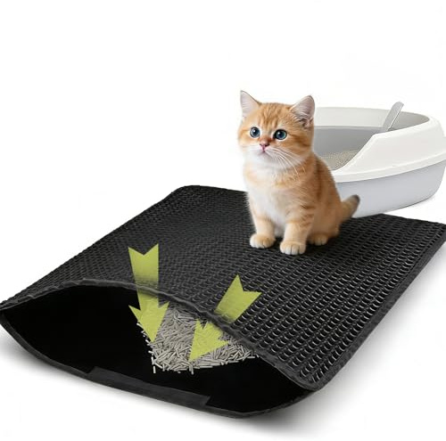 Groß Katzenklo Matte, 90 x 60CM Doppelschicht EVA Katzenstreumatte Wasserundurchlässig, Anti-Rutsch Katzenmatte für die katzentoilette, Einfache Reinigung katzenklomatte für Alle Katzen (Schwarz)