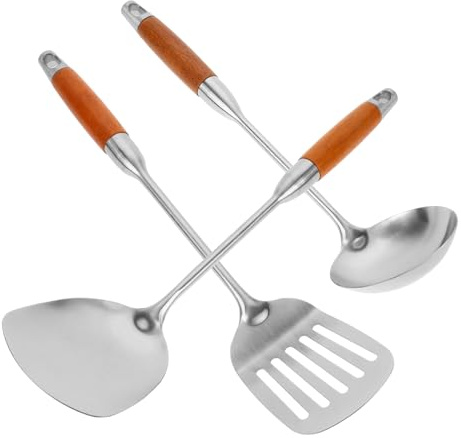Alipis Utensilios de Cocina de Acero Inoxidable con Mango de Madera Incluye Espátula Ranurada Pala y Cucharón Diseño Antideslizante para Cocinar con Comodidad y Durabilidad