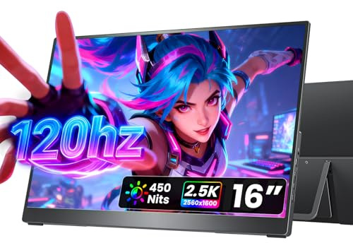 cocopar Portable Monitor 16 Inch 2.5K QHD 120Hz 110% sRGB Travel Monitor with Speaker HDMI USB-C Second Screen for Laptop MacBook Surface PC Xbox PS4/5, VESA Mountable, with Kickstand