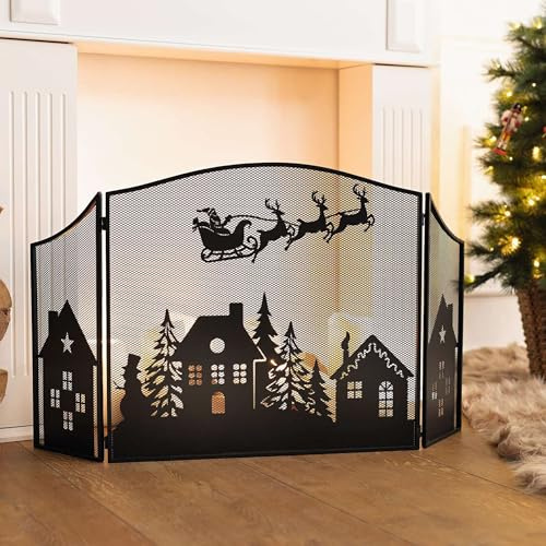 Dekoleidenschaft Grille de protection de cheminée de Noël 3 pièces Pare-étincelles en métal noir avec motif de Noël Grille pare-étincelles autoportante