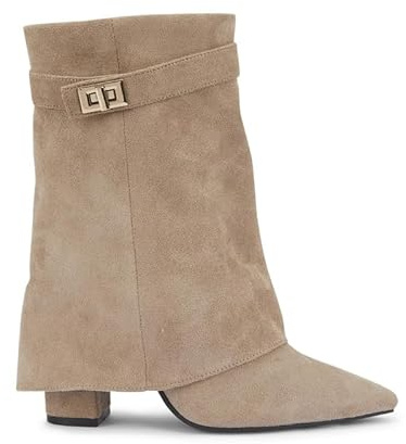 sole london LADIES Women's Ankle Fold Over Buckle Fashion Zip Pointed Block Heel Boots – Stylish Ruched Design – Comfortable Mid-Block Heel – Faux Leather & Faux Suede