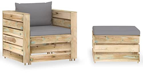 QJBSAVVA Gartenmöbel Set 2-teilig Paletten Lounge Kiefer Grün Imprägniert 60x62x37 cm mit grauen Polstern Modernes Design Robust für Balkon Terrasse und Wohnzimmer