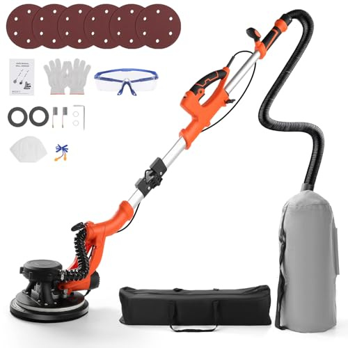 Trockenbauschleifer 1800W für Wand und Decke, Wandschleifer mit LED-Licht 800–2200 U/min, Teleskop Langhalsschleifer mit Staubabsaugung, 6 Schleifscheiben, Tragetasche Faltbar & Ausziehbar