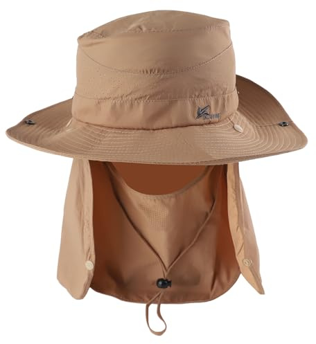 RoxNvm Cappello da sole uomo e Donna, con Coperchio Viso Staccabile e Protezione Del Collo, UPF 50+ Cappello Trekking, Safari Capello Pescatore, per Estate Trekking Escursionismo (Cachi)