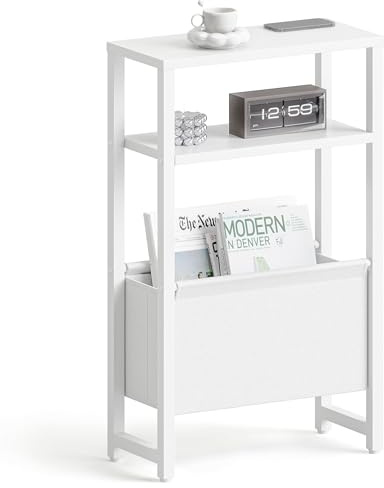 IRCPEN Weisser Beistelltisch Schmaler Nachttisch LET503W | Dreistufiger Beistelltisch,Für Wohnzimmer Schlafzimmer Flur,Geeignet Für Kleine Räume,Schmaler Konsolentisch Mit Vlieskorb