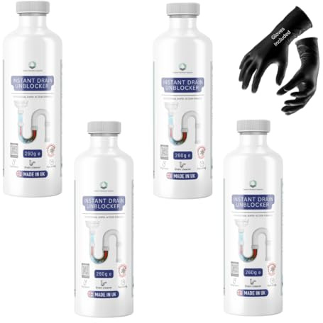 Customchem Instant Drain Unblocker/Drain Cleaner Professional Rapid Action Formula, 1040g, Dissolves Grease, Hair, Food Residue, Fat, Multi-Surface Use, Made in UK SAFETY GLOVES INCLUDED