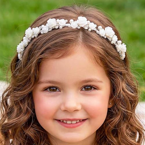 IYOU Haarreif Kommunion Mädchen Haarschmuck Silber Blumen Haarbänder | Haarreif Perlen Hochzeits Stirnband für Blumenmädchen