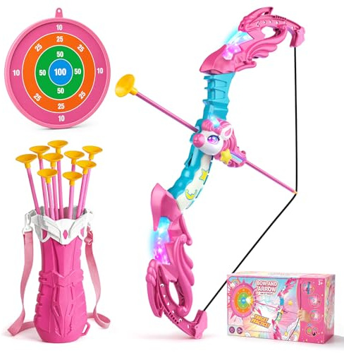 Jofuni Juego de arco y flecha de unicornio para niños, juguete de tiro con arco luminoso para niñas de 3 a 12 años con 10 flechas de ventosa, diana y carcaj, regalo para niñas