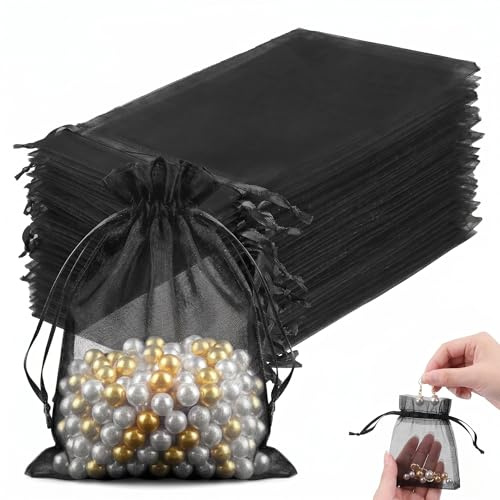 50 Bolsas de Organza 10x15cm Negras, Bolsitas de Tela Pequeñas con Cordón para Regalos, Joyas, Detalles de Boda, Comunión, Bautizo y Dulces, Saquitos de Tul para Embalaje