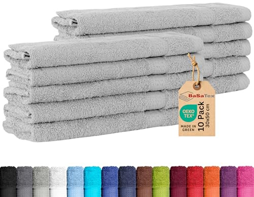 BaSaTex Frottee Gästehandtuch, 10er Set, 30x50cm, Silber | 100% Baumwolle-Frottee, Öko-Tex Made in Green Zertifiziert, Aufhängeschlaufe, 500gm², saugstark und langlebig