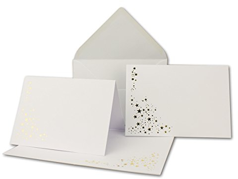 NEUSER PAPIER Faltkarten-Set mit Umschlägen DIN A6 - Naturweiß mit goldenen Metallic Sternen - 10 Sets - für Drucker geeignet Ideal für Weihnachtskarten
