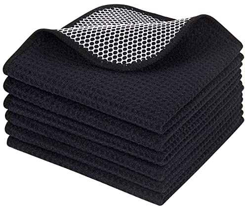 KinHwa Microfiber Dish Cloths for Washing Up Drying Towels Waffle Kitchen Cleaning Cloths with Poly Scour Side 12 Inch X 12 Inch 6pack Black