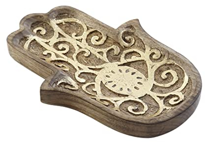 D,casa Bandeja vaciabolsillos Mano de Madera Mango Hamsa Tallado, Oscuro, 30X22X4