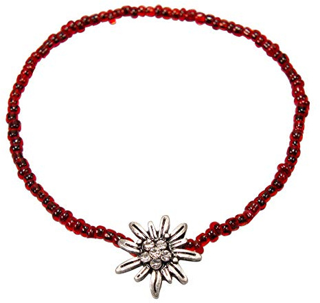 Alpenflüstern Filigran Perlen-Trachten-Armband Strass-Edelweiss - Damen-Trachtenschmuck mit antik-Silber-farbenem Trachten-Edelweiss, elastische Trachten-Armkette, Perlenarmband rot DAB073