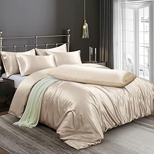 Ersmak 6 Pieces Satin Duvet Cover Full/Queen Size Luxury Silky Bedding Duvet Cover Set with 1 Soft Duvet Cover, 4 Queen Pillowcases and 1 Body Pillowcase, Beige