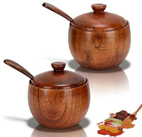 Cyrank 2 Set Salz- und Pfefferbox, Salzbehälter aus Holz mit Deckel und Löffel Japanische Gewürzbehälter für Kräuter Gewürze Gewürze Salzkeller