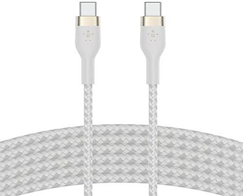 Belkin BoostCharge Pro Flex geflochtenes USB-C/USB-C-Ladekabel, USB-IF-zertifiziert zum Schnellladen mit Power Delivery PD, iPhone 16, iPhone 15, Galaxy S24, Pixel, iPad Pro/Mini, MacBook, 3 m – Weiß
