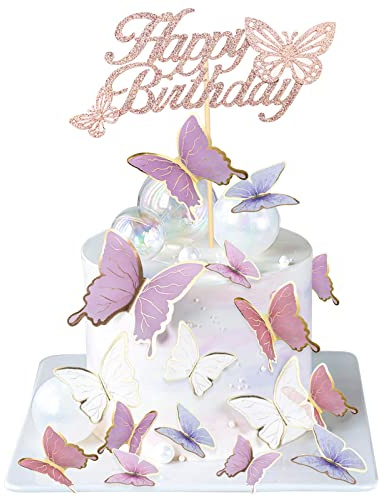 26 Stück Schmetterlinge Tortendeko, FWLWTWSS Geburtstagsdeko Mädchen Happy Birthday Deko Dekoration für Cupcake Kuchen Dessert, für Geburtstag Party