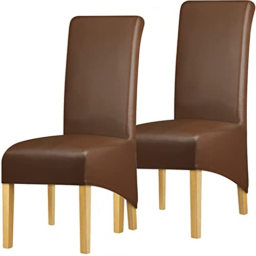 Bilibony Chair Covers, Waterproof PU Leather Chair Covers, Oversized Soft Stretch Seat Slipcover, Washable Removable Dining Seat Covers for Kitchen Hotel Table Banquet (Color : Brown, Size : 2 pack)