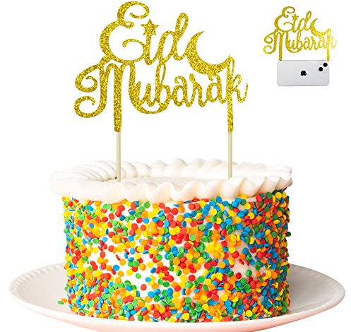Eid Mubarak Kaktopp Guld Glitter, Cupcake-topp Ramadan Muslim Hajj, Eid-dekoration för Islamiska Fester 15x20cm