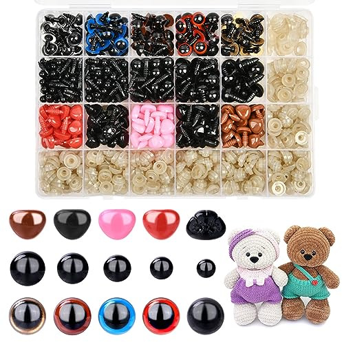 OSDUE 752 Stück Kunststoff Knopfaugen, Sicherheitsaugen aus Kunststoff, 5-12mm Sicherheitsaugen und Sicherheitsnasen, Augen für Häkeltiere mit Unterlegscheibenfür Puppe, Plüschtier, Teddyaugen