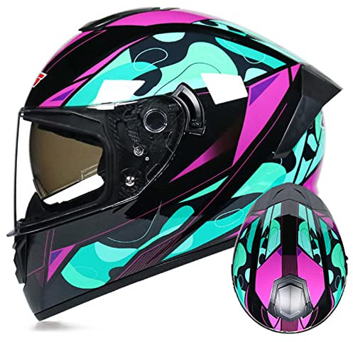 Motorradhelm Integralhelm Sturzhelm Fullface Helm Rollerhelm ECE mit Doppelvisier Sonnenblende für Damen Herren Erwachsene Imitation Carbon Fiber Transparent Lenses Helm,Grün,M