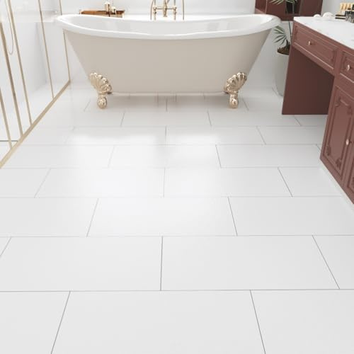 STICKEEP White Peel and Stick Floor Tile Sheet 12x24 Linoleum Vinyl Flooring Rolls Peel and Stick Bathroom Waterproof Floor Tile Self Adhesive Flooring Tiles for Kitchen Bedroom Living Room 4 PCS