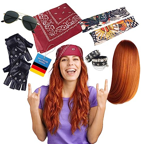 GOODS+GADGETS Rocker-Kostüm Rockstar Punk Rock-Musik Verkleidung 7-teiliges Set mit Perücke, Brille, Tattoos UVM. 70er 80er 90er Kostüm für Fasching & Mottoparty (Rocker)