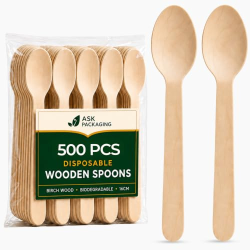 500x Wooden Spoons Bulk - Disposable Spoon Utensils for Dessert BBQ Party | Splinter-Free, Birchwood, Biodegradable, Recyclable, Food Safe, Camping, Ice Cream, Office, Kids, Wedding, Events, Soup