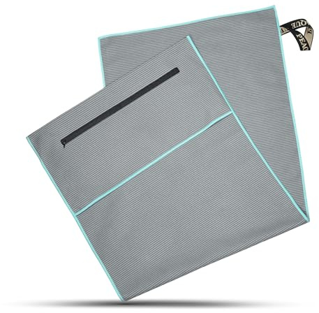PEAQUE Mikrofaser-Fitness-Handtuch Reißverschluss, Grau/Türkis, 100x40cm | Sport-Handtuch für Fitnessstudio aus strukturierter Mikrofaser - saugstark, schnelltrocknend, leicht und rutschfest