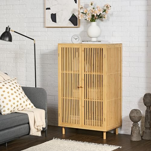 [en.casa] Beistellschrank Grong Mehrzweckschrank Wohnzimmerschrank 110 x 66 x 40 cm Kommode Aufbewahrungsschrank mit 2 Türen Schrank für Wohnzimmer 3 Ablagen Bambus Natur