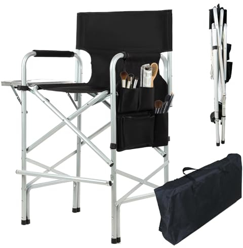 GDGYOFN Makeup Chair for Makeup Artist 45.6'', Tall Directors Chairs Foldable for Clients with Side Table Cup Holder Storage Bag and Footrest, Folding Chair 400lbs Capacity Black