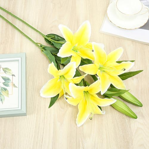 BBTISG Künstliche Lilien, langer Stiel, künstliche Lilien, für Zuhause, Hotel, Blumenarrangement, Party-Dekoration, Gelb, 5 Stück