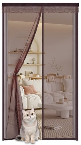 Magnetic Fly Screen Door 130x200cm,Magnetic Curtain,Fly Screen Mesh Curtain with Powerful Magnets and Lace,Insect Protection Door,Keep Bugs Out Lets Fresh Air in Without Drilling,Brown