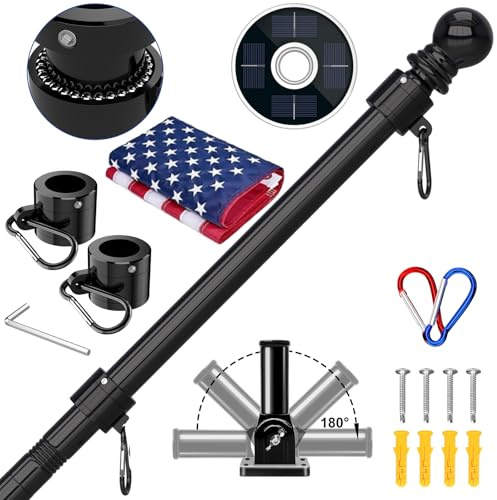 ZMTECH 5FT Flag Pole Kit with Solar Light and Embroidered American Flag, Adjustable Bracket and Upgraded Tangle-Free Ring 1 Stainless Steel Flagpole for Day and Night, Residential, Commercial, Black