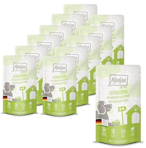 MjAMjAM - Nourriture humide premium pour chiens - Quetschie - viande de bœuf savoureuse accompagnée de pommes de terre cuites et de petits pois croquants, pack de 12 (12 x 125g)