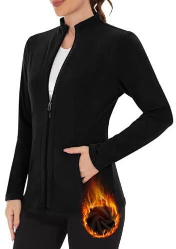 WOWENY Fleecejacke Damen Warm Gefüttert Sweatshirt mit Stehkragen Full Zip Fleece Sweatjacke Leichte Winter Outdoor Laufen Wandern(Schwarz, L)