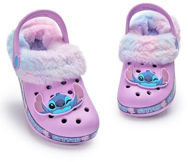 Disney Lilo & Stitch Girls Sabots | Slip-Ons en Caoutchouc pour Enfants avec breloque de Personnage Stitch en Violet | Sandales doublées de Fourrure pour Enfants avec Bride de Talon et imprimé Fleur