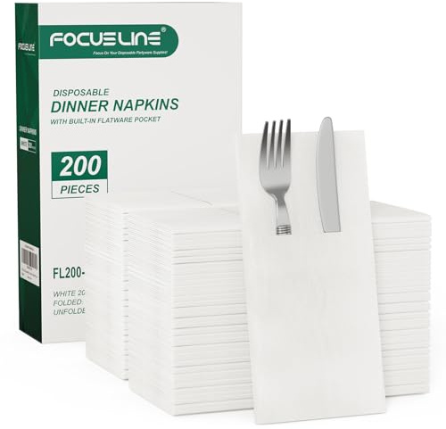 FOCUSLINE 200 Count Disposable Cloth-Like Napkins, Built-in Flatware Pocket, Prefolded Linen Feel White Napkins