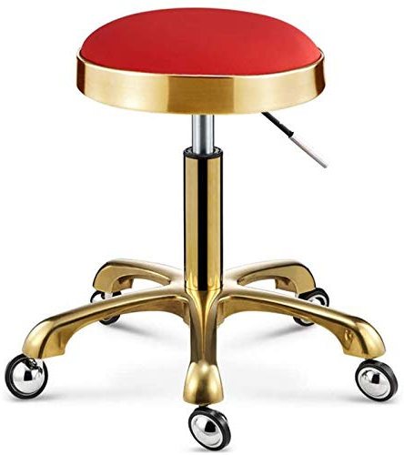 HDMOZUYT Kreative Friseurstühle aus Edelstahl, 360 ° drehbarer Barhocker aus PU-Leder, Goldener runder Hocker für Friseursalons, drehbarer und anhebbarer Freizeit-Lesehocker, Braun (Rot)